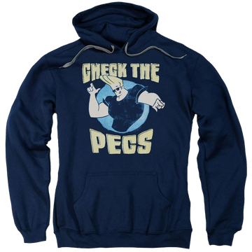 Navy pullover hoodie with Johnny Bravo Check The Pects graphic