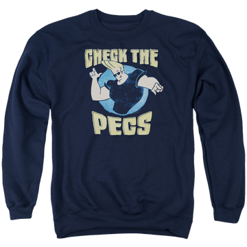 Navy men's crewneck sweatshirt with Johnny Bravo Check The Pects graphic