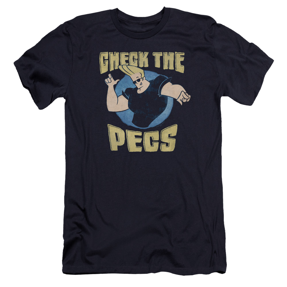 Johnny Bravo Check The Pects Premium Adult Slim Fit T-Shirt Men's Premium Slim Fit T-Shirt Johnny Bravo