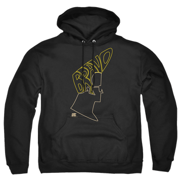 Black pullover hoodie with Johnny Bravo Bravo Hair graphic