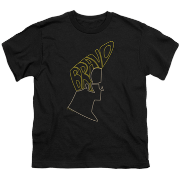 Black youth t-shirt for ages 8 to 12 with Johnny Bravo Bravo Hair graphic