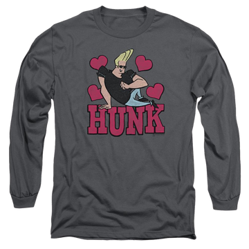 Charcoal men's long sleeve t-shirt with Johnny Bravo Hunk graphic
