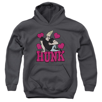 Charcoal youth hoodie for ages 8 to 12 with Johnny Bravo Hunk graphic
