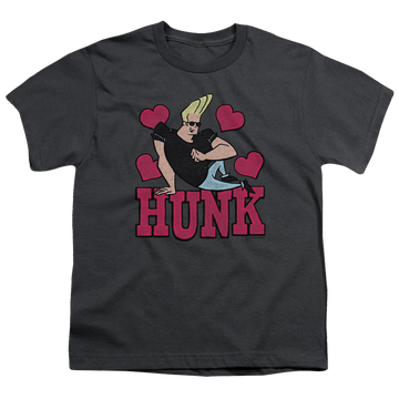 Charcoal youth t-shirt for ages 8 to 12 with Johnny Bravo Hunk graphic