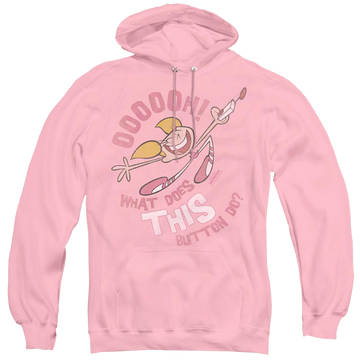 Pink pullover hoodie with Dexter's Laboratory Button graphic