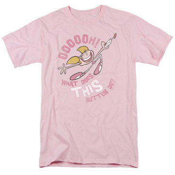 Pink men's regular fit t-shirt with Dexter's Laboratory Button graphic