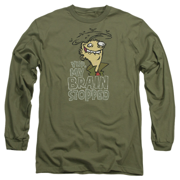 Military green men's long sleeve t-shirt with Ed, Edd n Eddy Brain Dead Ed graphic