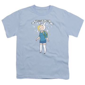 Light blue youth t-shirt for ages 8 to 12 with Adventure Time Fionna & Cake graphic