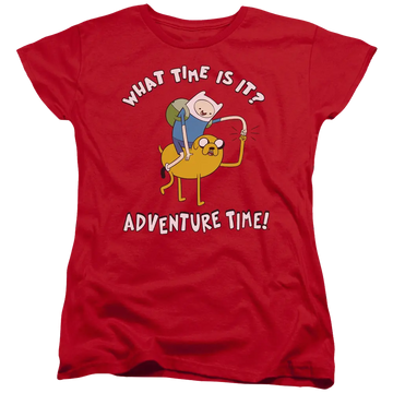 Red women's t-shirt with Adventure Time Ride Bump graphic