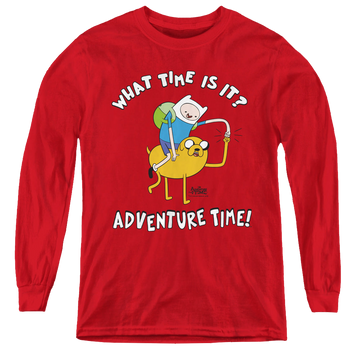 Red youth long sleeve t-shirt with Adventure Time Ride Bump graphic