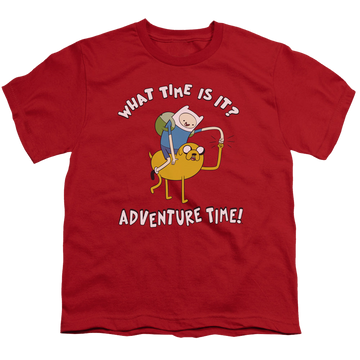 Red youth t-shirt for ages 8 to 12 with Adventure Time Ride Bump graphic