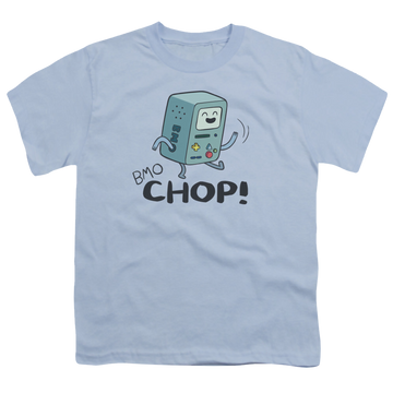 Light blue youth t-shirt for ages 8 to 12 with Adventure Time Bmo Chop graphic