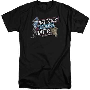 Black men's tall fit t-shirt with Regular Show Haters Gonna Hate graphic