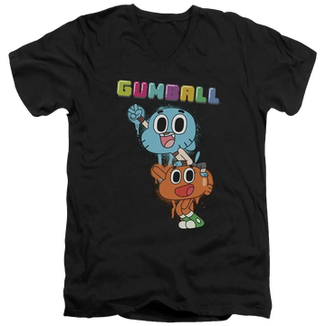 Black men's v-neck t-shirt with The Amazing World of Gumball Gumball Spray graphic