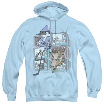 Light blue pullover hoodie with The Regular Show Tv Too Cool graphic