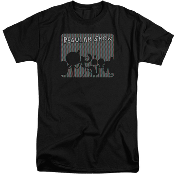 Black men's tall fit t-shirt with Regular Show Rgb Group graphic
