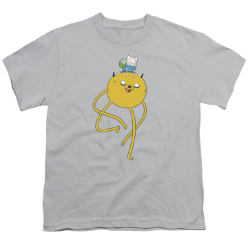 Silver youth t-shirt for ages 8 to 12 with Adventure Time Jake Ride graphic