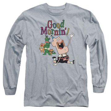 Athletic heather men's long sleeve t-shirt with Uncle Grandpa Good Mornin graphic