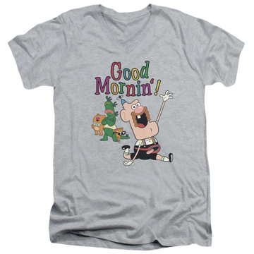 Athletic heather men's v-neck t-shirt with Uncle Grandpa Good Mornin graphic