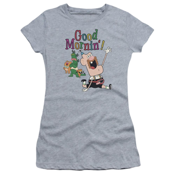 Athletic heather juniors t-shirt with Uncle Grandpa Good Mornin graphic