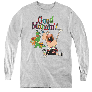 Athletic heather youth long sleeve t-shirt with Uncle Grandpa Good Mornin graphic