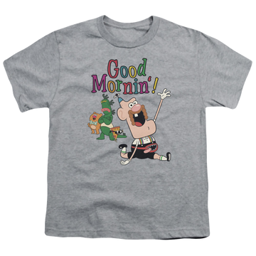 Athletic heather youth t-shirt for ages 8 to 12 with Uncle Grandpa Good Mornin graphic