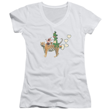 White juniors v-neck t-shirt with Uncle Grandpa Fart Hearts graphic