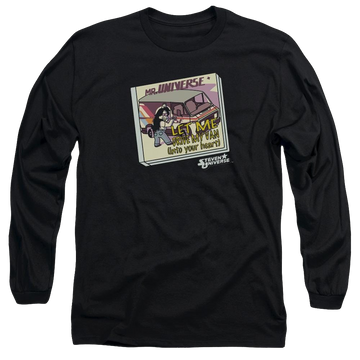 Black men's long sleeve t-shirt with Steven Universe Mr. Universe graphic