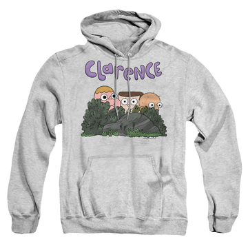 Athletic heather pullover hoodie with Clarence Gang graphic