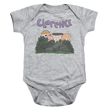 Athletic heather baby bodysuit with Clarence Gang graphic