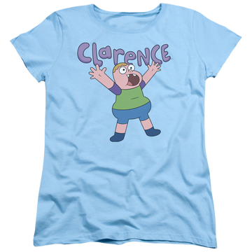 Light blue women's t-shirt with Clarence Whoo graphic
