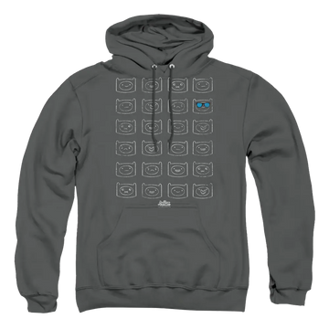 Charcoal pullover hoodie with Adventure Time Finn Faces graphic