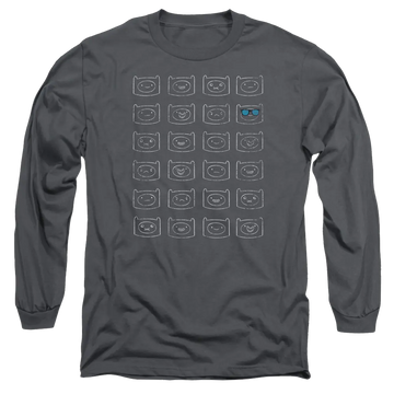 Charcoal men's long sleeve t-shirt with Adventure Time Finn Faces graphic