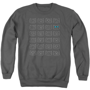 Charcoal men's crewneck sweatshirt with Adventure Time Finn Faces graphic