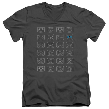 Charcoal men's v-neck t-shirt with Adventure Time Finn Faces graphic