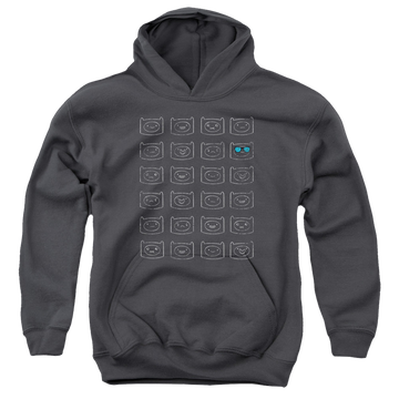 Charcoal youth hoodie for ages 8 to 12 with Adventure Time Finn Faces graphic
