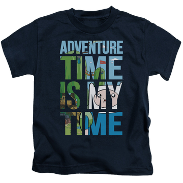 Navy kid's t-shirt for ages 4 to 7 with Adventure Time My Time graphic