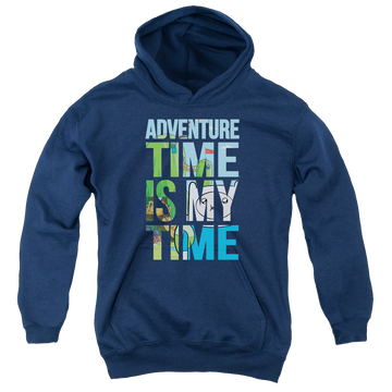 Navy youth hoodie for ages 8 to 12 with Adventure Time My Time graphic