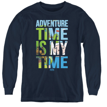 Navy youth long sleeve t-shirt with Adventure Time My Time graphic