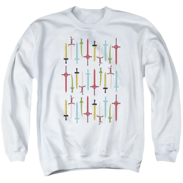 White men's crewneck sweatshirt with Adventure Time Swords graphic