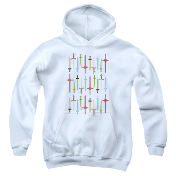 White youth hoodie for ages 8 to 12 with Adventure Time Swords graphic