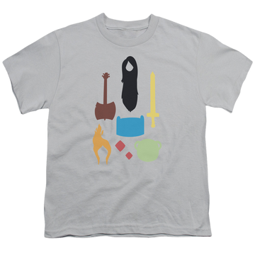Silver youth t-shirt for ages 8 to 12 with Adventure Time Icons graphic
