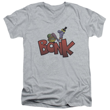 Athletic heather men's v-neck t-shirt with Dexter's Laboratory Bonk graphic