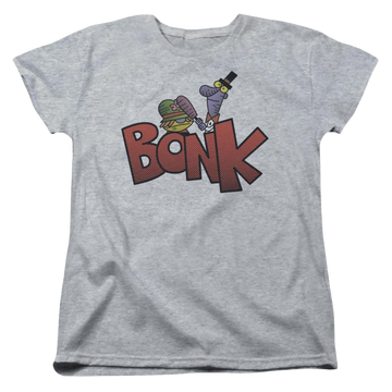 Athletic heather women's t-shirt with Dexter's Laboratory Bonk graphic
