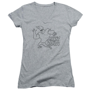 Athletic heather juniors v-neck t-shirt with Johnny Bravo Jb Line Art graphic