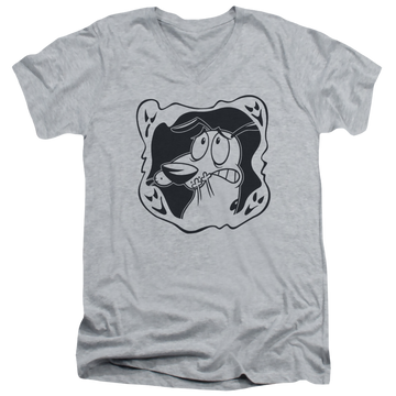 Athletic heather men's v-neck t-shirt with Courage the Cowardly Dog Ghost Frame graphic