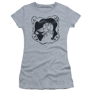 Athletic heather juniors t-shirt with Courage the Cowardly Dog Ghost Frame graphic