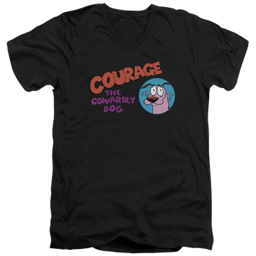 Black men's v-neck t-shirt with Courage the Cowardly Dog Courage Logo graphic