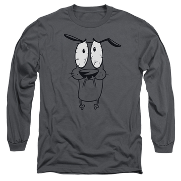 Charcoal men's long sleeve t-shirt with Courage the Cowardly Dog Scared graphic