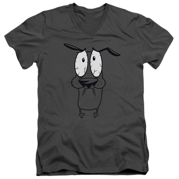 Charcoal men's v-neck t-shirt with Courage the Cowardly Dog Scared graphic